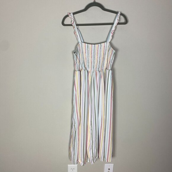 Torrid Ruffle Strap Midi Challis Pastel Smocked Striped Dress Size 0 or Large - Picture 3 of 9